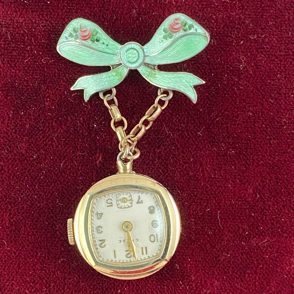 Vintage Chase Pin Watch working hand made Green Guilloche Enamel with Pink Roses